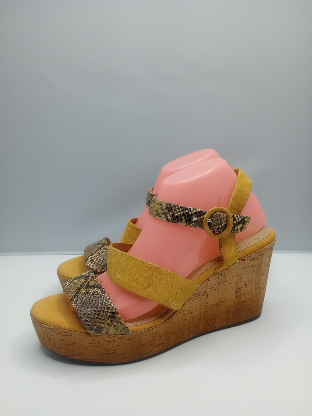 GEOX Respira 10 Strappy Snakeskin Suede Wedges 4 Inch Cork Wedge Mustard Italian